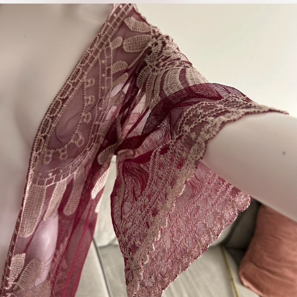 Boho Western Gipsy Burgundy Floral Sheer Kimono Size M - Picture 6 of 8